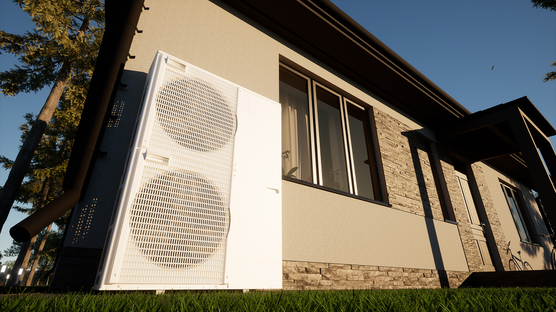 Exterior aspect view featuring a large white air conditioning unit next to a house with stone walls and large windows, surrounded by trees under a clear sky.