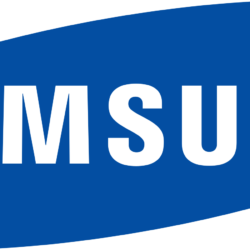 Samsung logo in white text on a blue elliptical background.