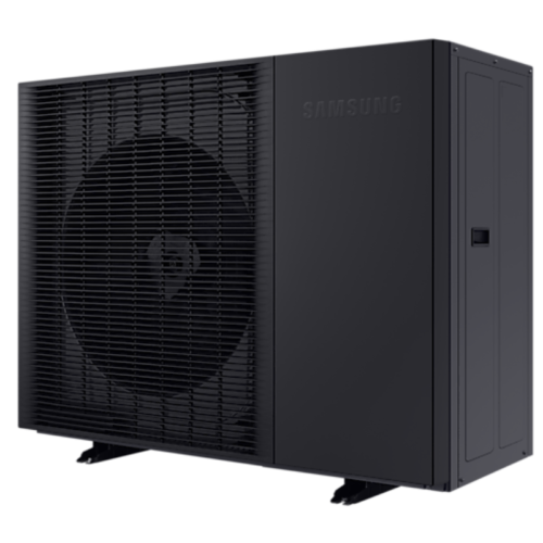 A black samsung outdoor air conditioning unit with a large circular fan, standing on four legs.