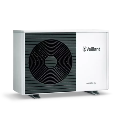 A vaillant arotherm plus heat pump with a dark gray casing and a prominent circular fan on a black background.