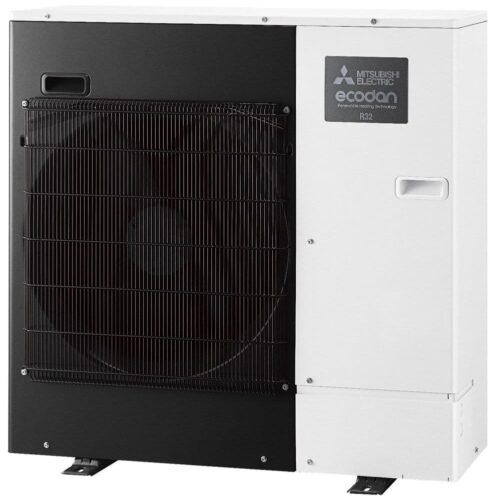 Mitsubishi electric ecodan outdoor heat pump unit, featuring a black grille on the front and a white casing.