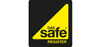 A black square background with a yellow triangle in the corner. The triangle contains text: GAS safe REGISTER in black.