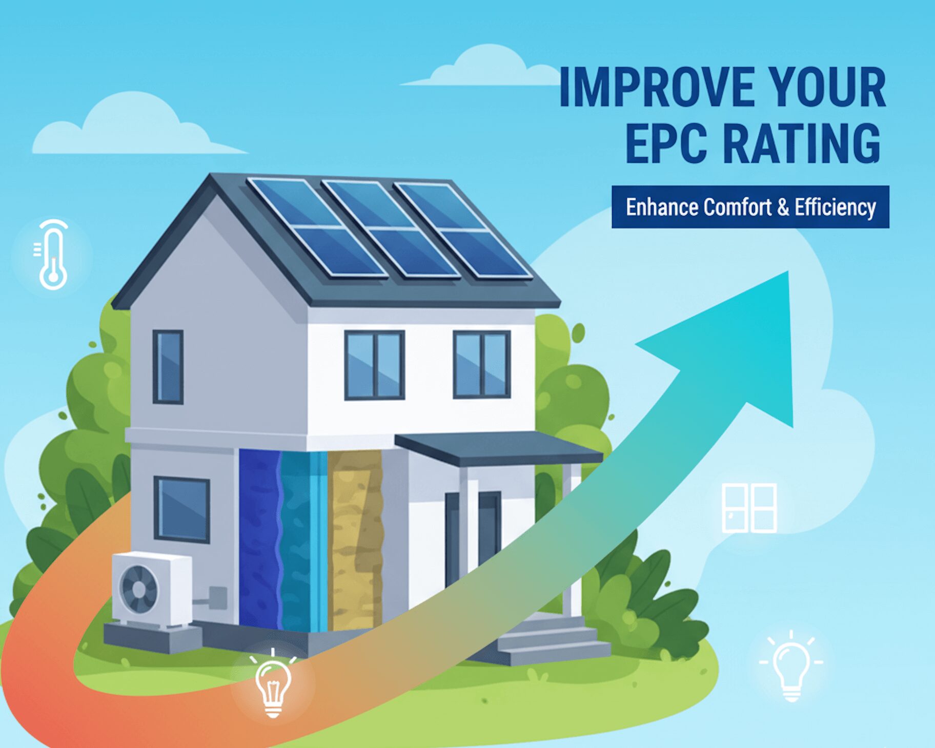Illustration of a modern house with solar panels, an air source heat pump, and an upward arrow, promoting improved EPC rating for greater comfort and efficiency.