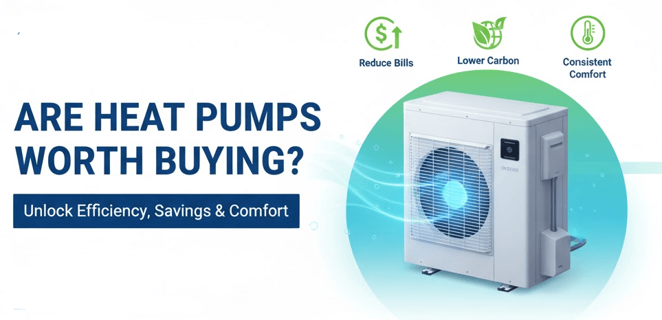Infographic about heat pumps with a unit image and text highlighting benefits: reduced bills, lower carbon emissions, and consistent comfort.