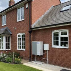 A brick house with white-framed windows and grey roof tiles. An outdoor heat pump unit and electrical box are mounted on the exterior wall near a flower bed and green lawn.