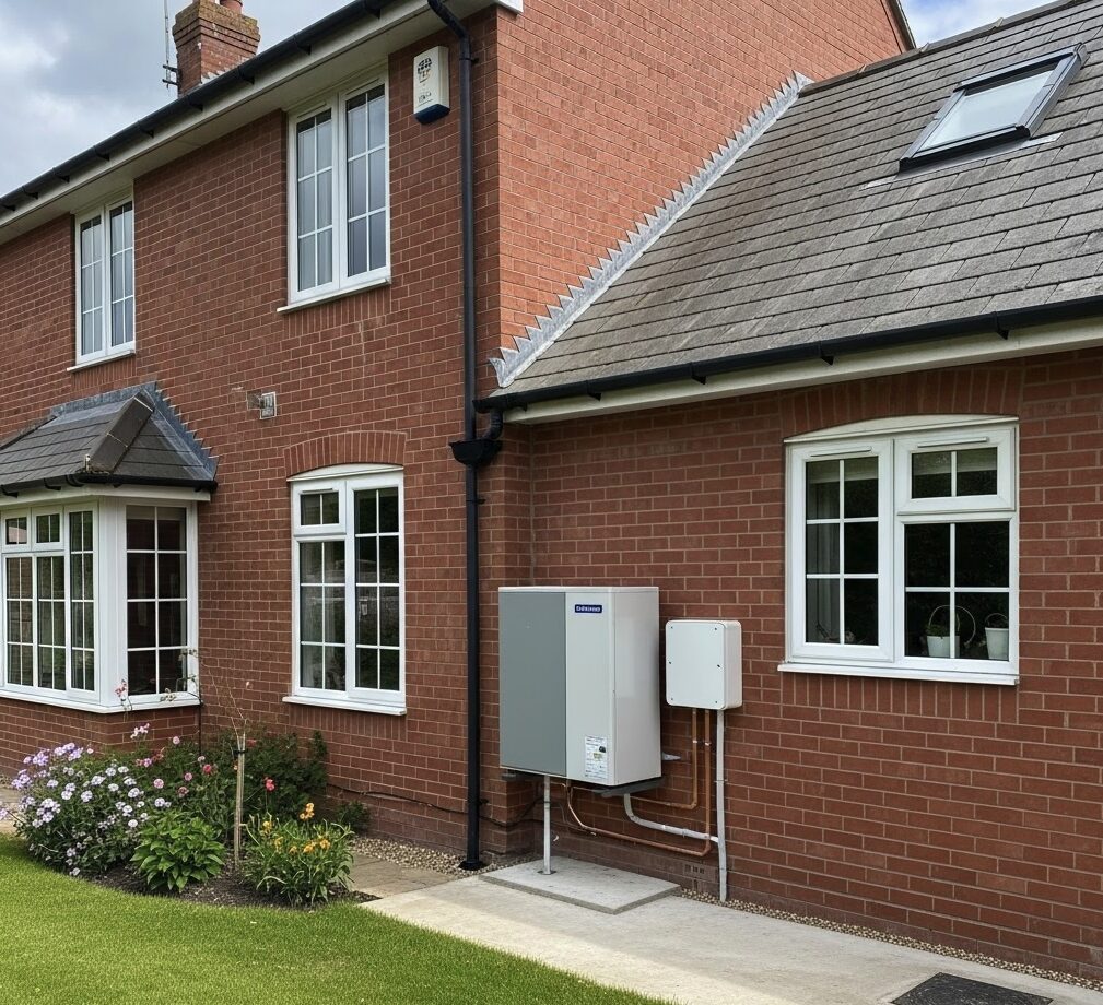 A brick house with white-framed windows and grey roof tiles. An outdoor heat pump unit and electrical box are mounted on the exterior wall near a flower bed and green lawn.