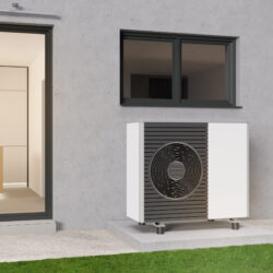 Air heat pump standing outdoors. Modern, environmentally friendly heating. Save your money with air pump. Air source heat pumps are efficient and renewable source of energy. 3d rendering