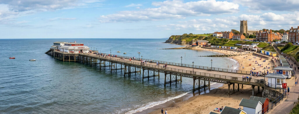 Cromer Pier and beach with townscape in background on a sunny day.